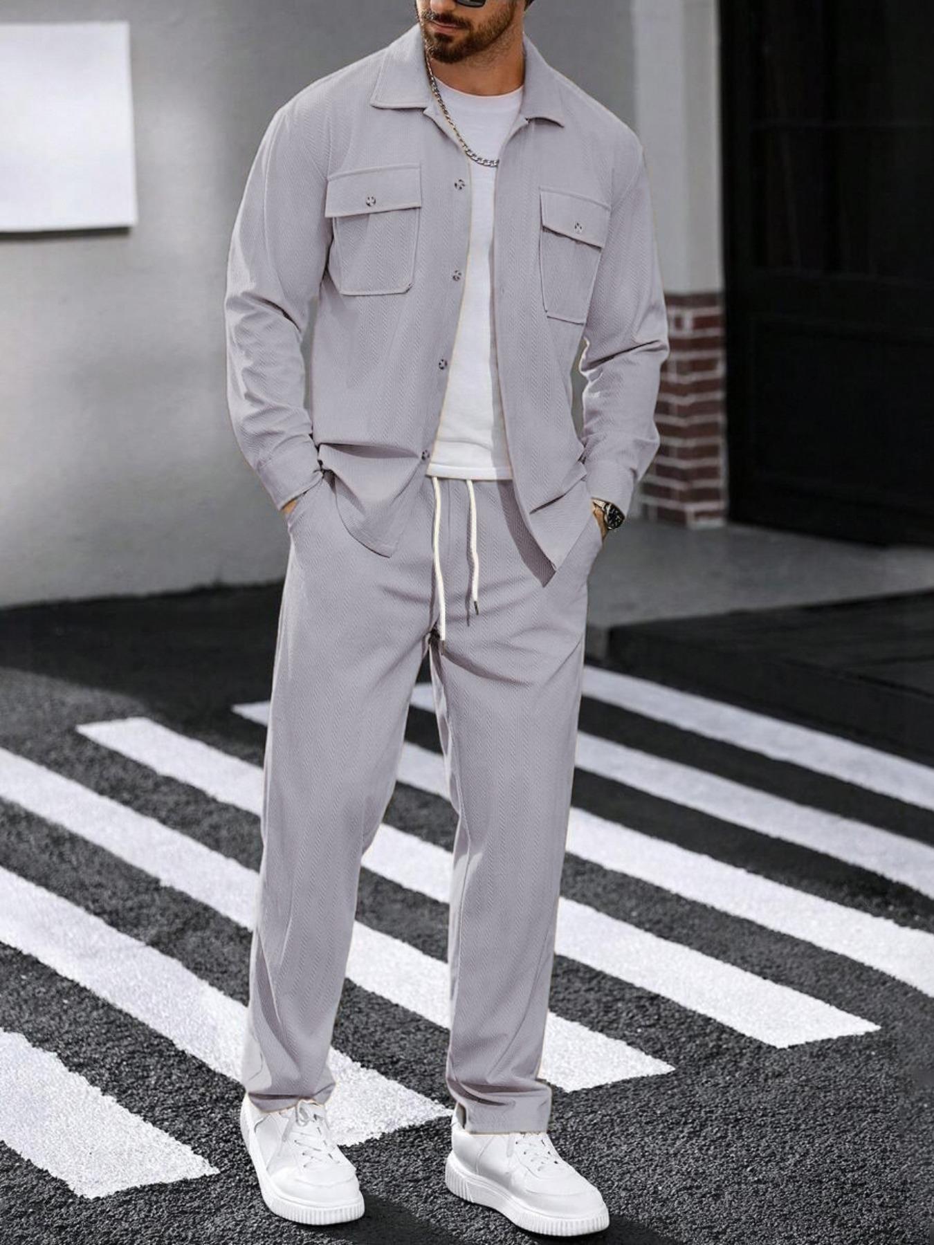 Men's two-piece solid color polo neck button with pockets coat and elastic drawstring waistband sport pants, regular version casual comfortable long sleeve top and, suitable for spring and autumn wear, men's daily clothing.