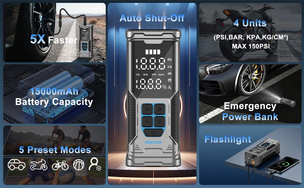 180PSI Portable Air Compressor, Cordless Tire Inflator, Air Pump for Car Tires with Digital Pressure Gauge, LED Light, Auto Shutoff, AVAPOW