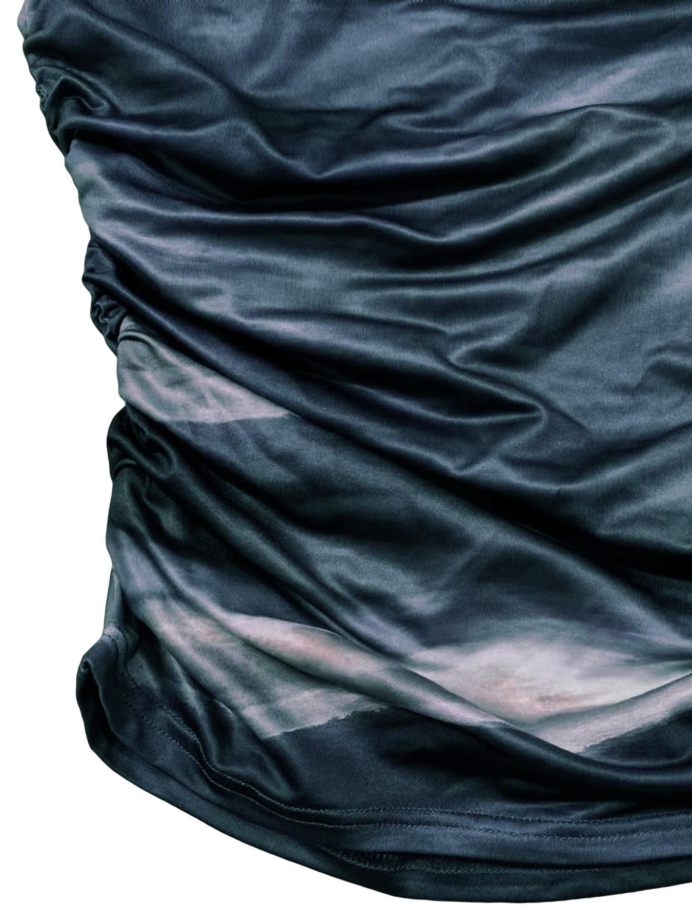 Women's Marble Print Ruched Asymmetrical Neck Tee, Casual Long Sleeve T-Shirt for Spring & Fall, Women's Clothing for Daily Wear