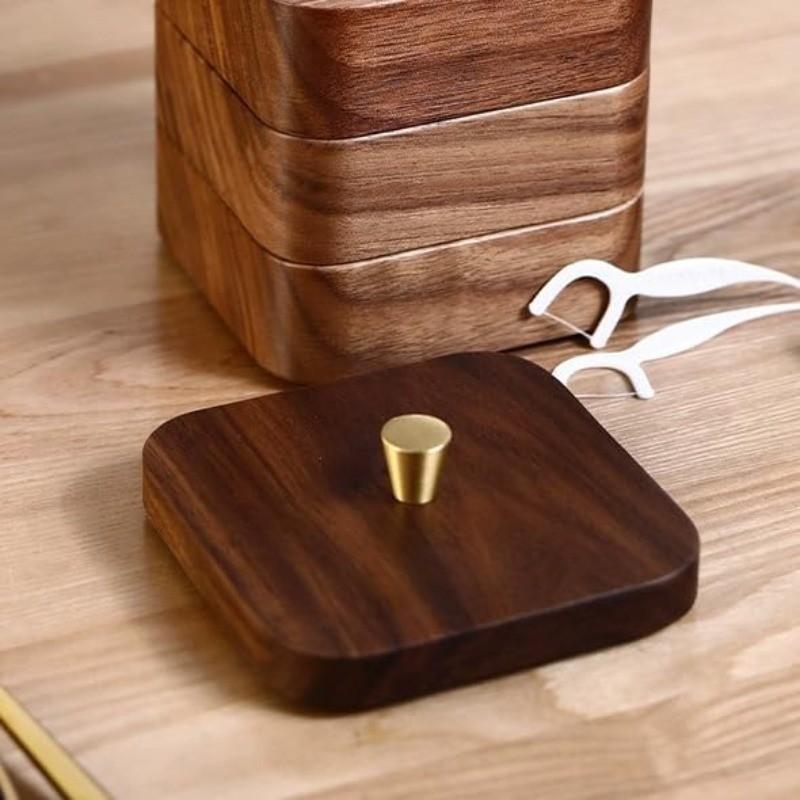 Three Layer Wooden Dental Floss Storage Box, Square Toothpick Container, 9.6*9.6*12cm, Ideal for Home and Restaurant Use