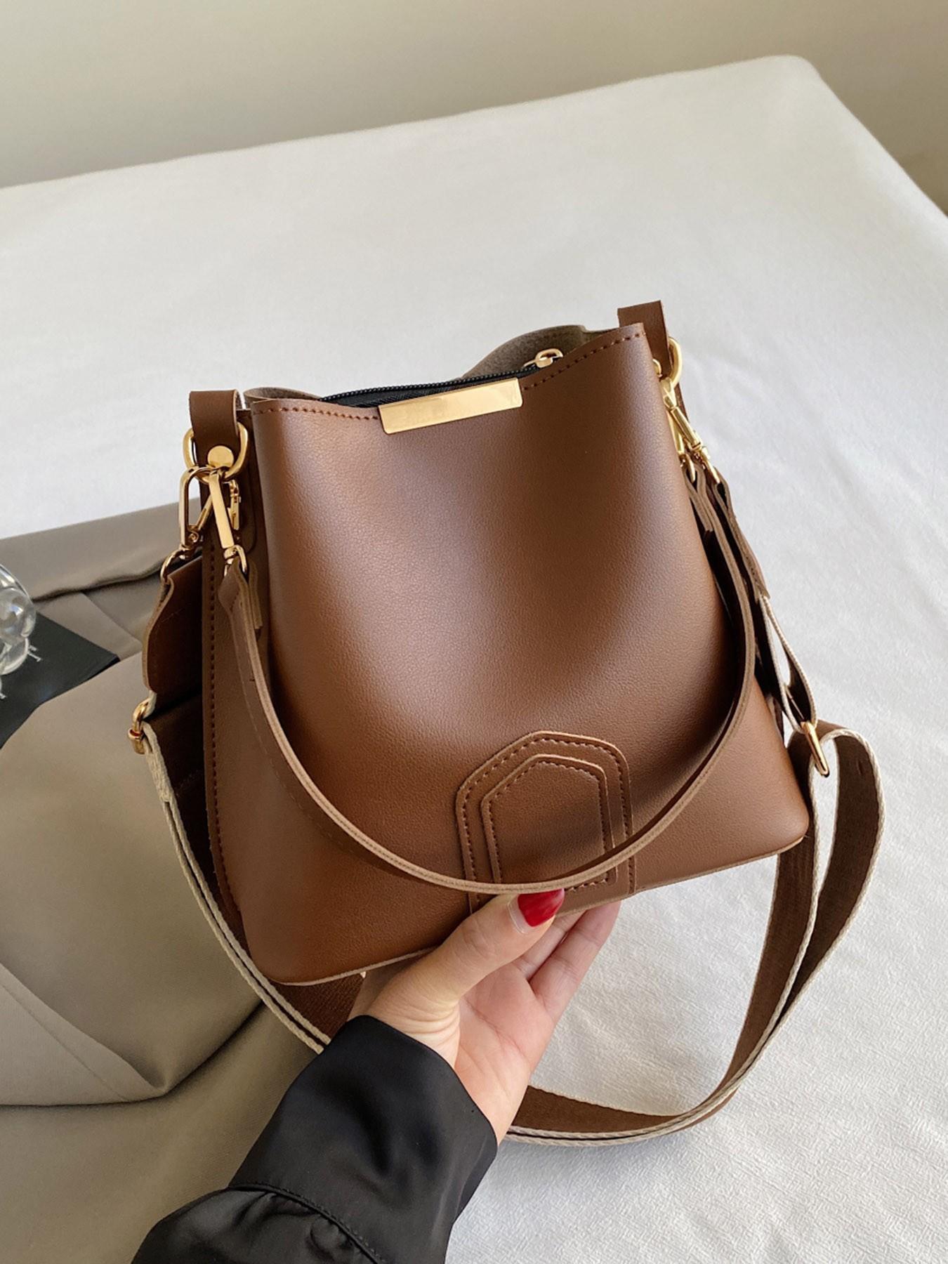 Women's Elegant PU Bucket Bag, Fashionable Vintage Classic Texture Shoulder Bag with Wide Strap, Casual Versatile Crossbody Bag for Work, Commuting and Daily Use
