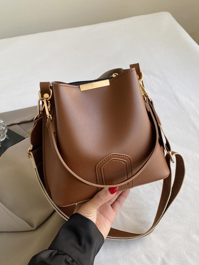 Women's Elegant PU Leather Bucket Bag, Fashionable Vintage Classic Texture Shoulder Bag with Wide Strap, Casual Versatile Crossbody Bag for Work, Commuting, Dating, Shopping and Daily Use