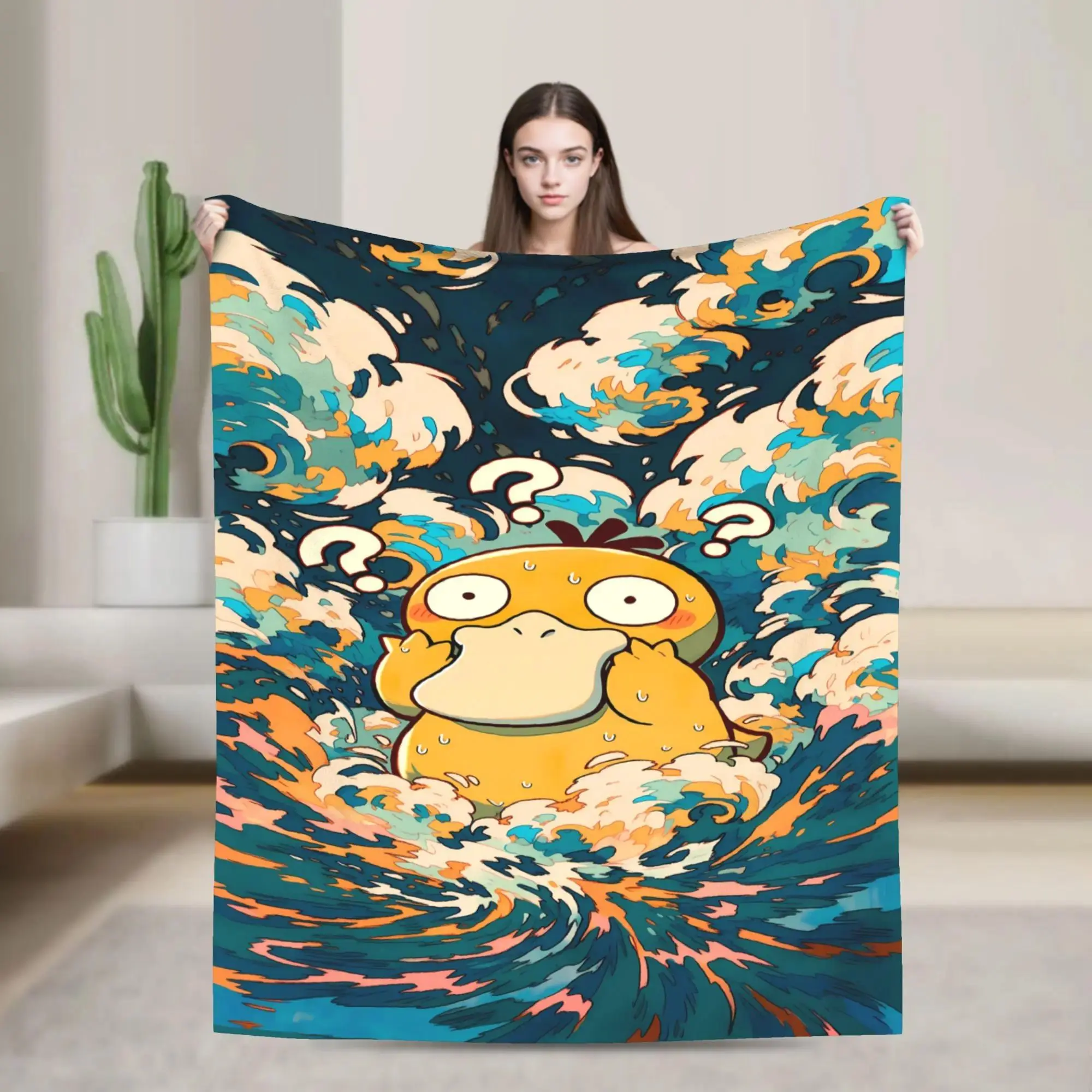 Anime Cartoon Psyduck Cotton Blend Flannel Blanket - Soft, Cozy, Warm Throw Blanket for Bedroom, Sofa, Perfect Fan Gift with Various Sizes