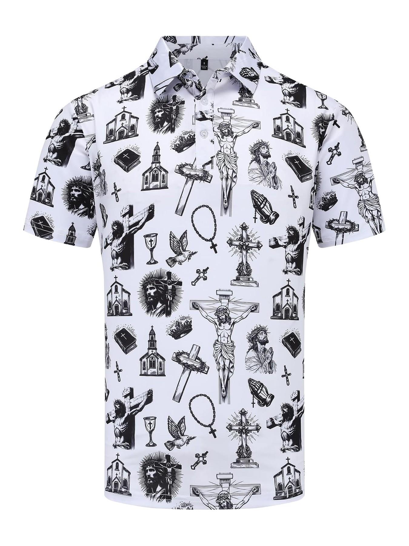 Men's Halloween Theme Polo Shirt, Hand-Drawn Skull Ghost Tombstone Pattern, Short Sleeve, Breathable, Festive Casual Golf Top,Unisex (Recommended ordering one size up),polo shirt for men,deals of the day，halloween costumes for men，halloween costumes