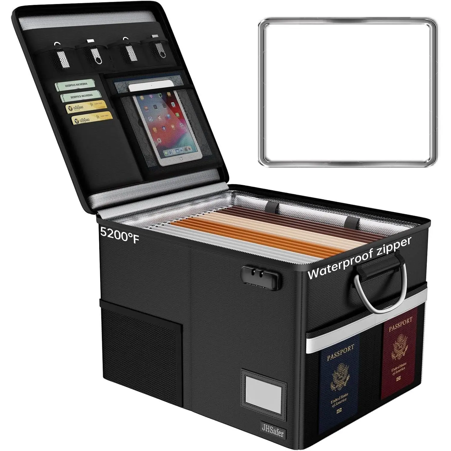 5200℉ Fireproof Document Box with Lock, Black | Waterproof File Organizer with Handle, Portable Collapsible Filing Cabinet for Hanging Letter/Legal Folders