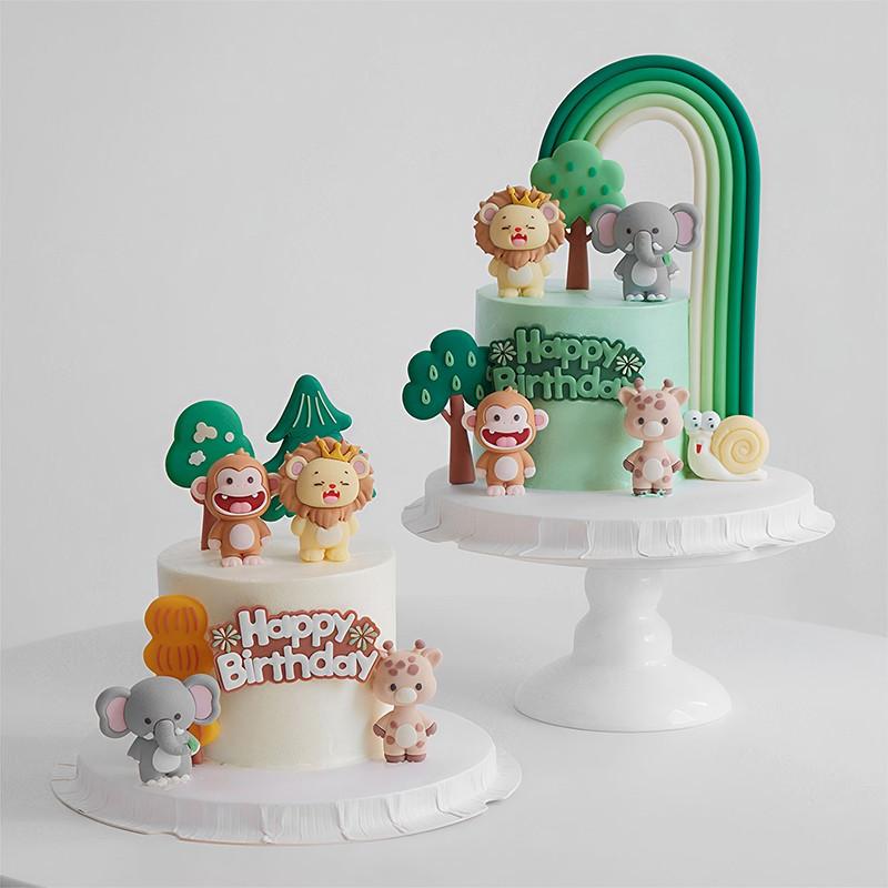 Birthday Cake Decorations, Forest Cute Series, Rainbow Animal Smiley Lion Elephant Monkey Snail Road Sign Insert, Home Ornament