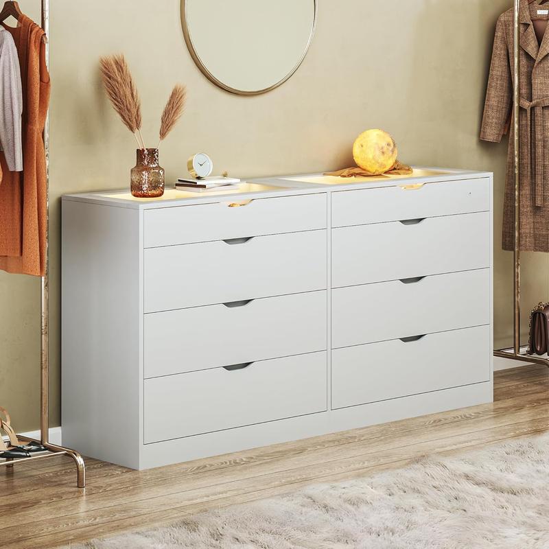 8 Drawer Dresser for Bedroom, White Dresser for Bedroom with LED, 55.1''W Chest of Drawers with Glass Top, Modern Double Wide Drawer Large Dresser for Bedroom, Living Room, Entryway