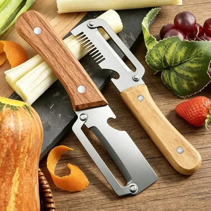 2PCS Multi-Function Kitchen Tool with Wooden Handle, 2 in 1 Stainless Steel Blade Vegetable Peeler for Peeling &Opening Bottles, Durable Kitchen Gadget Gift for Women & Men