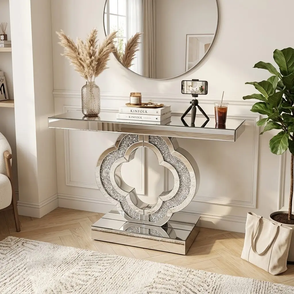 Silver Glam Mirrored Console Table, 43.3 in Glass Piece with Clover Crushed Diamond Base for Entryway Living Room Hallway Foyer