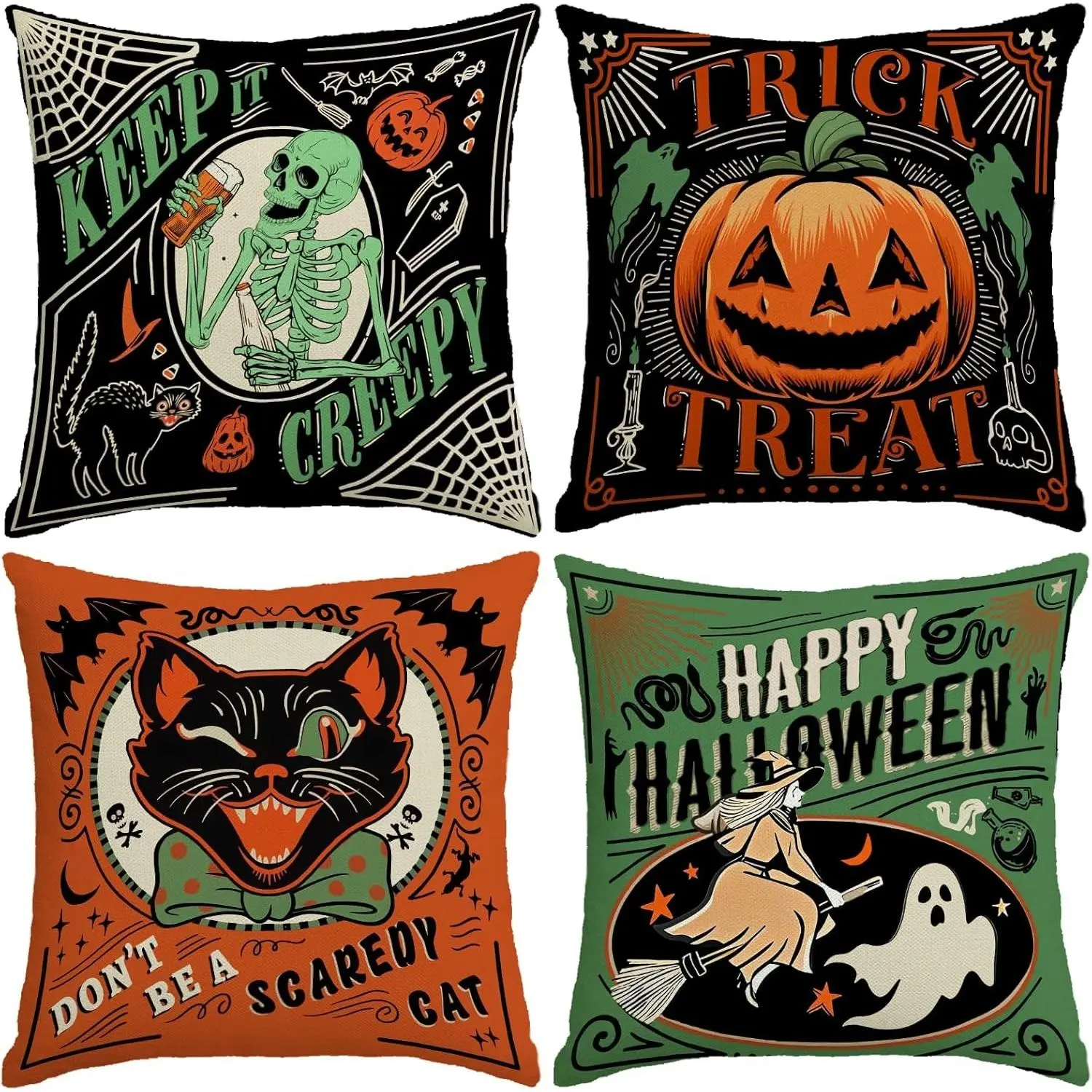 Vintage Halloween Throw Pillow Covers 18x18 Inch Set of 4, Keep It Creepy Ghost Black Green Linen Cushion Case for Indoor Outdoor Fall Decor, Home Sofa Couch Bedroom ChairGift