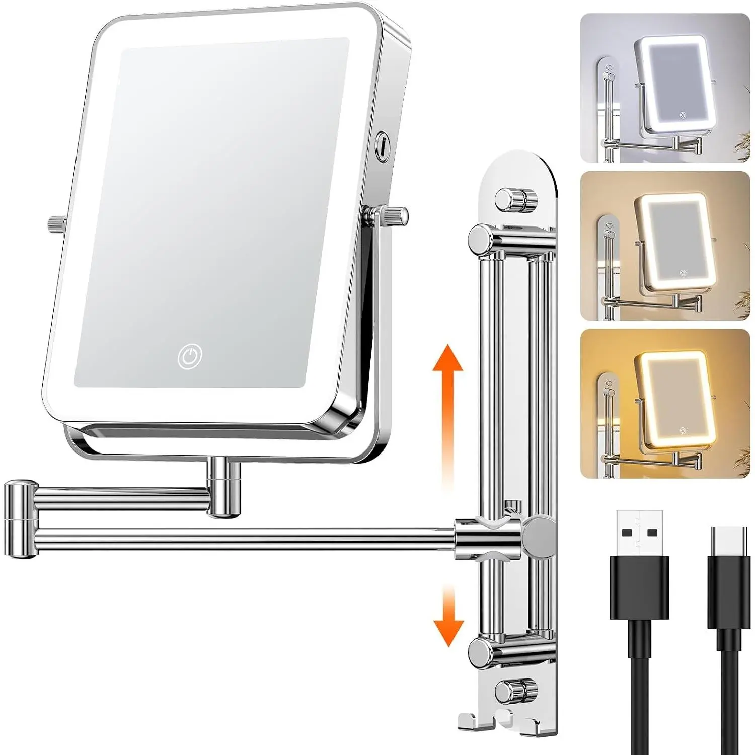 Height Adjustable Wall Mounted Lighted Makeup Mirror with Hooks | 3000mAh Rechargeable, Double Sided 1X/10X Magnification, 3 Light Colors, Extended Arm 360° Swivel Foldable for Bathroom/Hotel