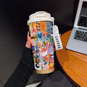 Abstract Balloon Dog Billiard Texture Coffee Cup, Portable Dual Drink Insulated Mug, Keeps Warm/cold, Boho Style, Office, Travel, Outdoor Essential