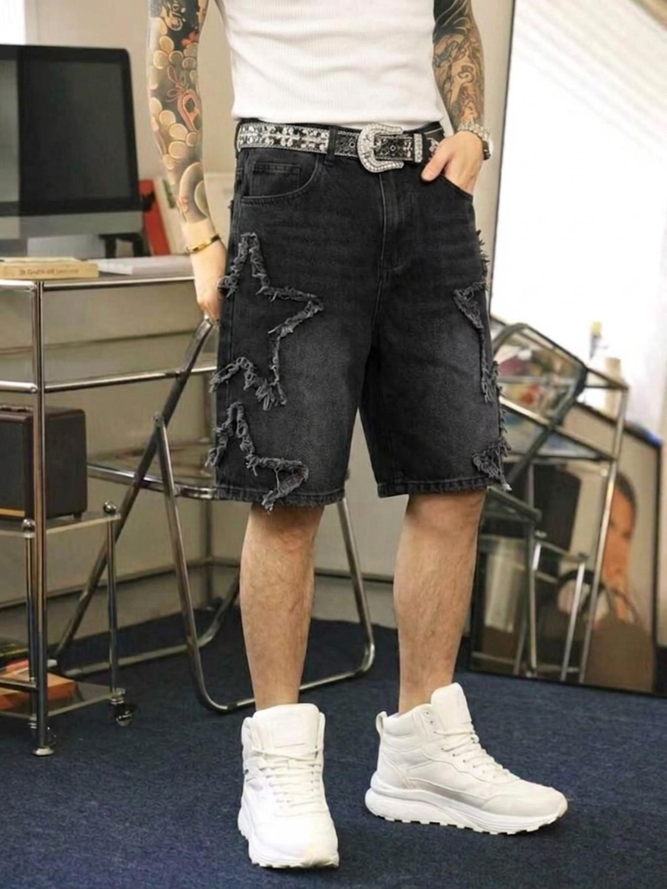 Summer Men's Retro Denim Shorts, Denim Look, Classic, Star Design, Pocket, Loose-Fitting, Plain Pattern, Casual Streetwear, Daily Wear, Comfortable and Stylish