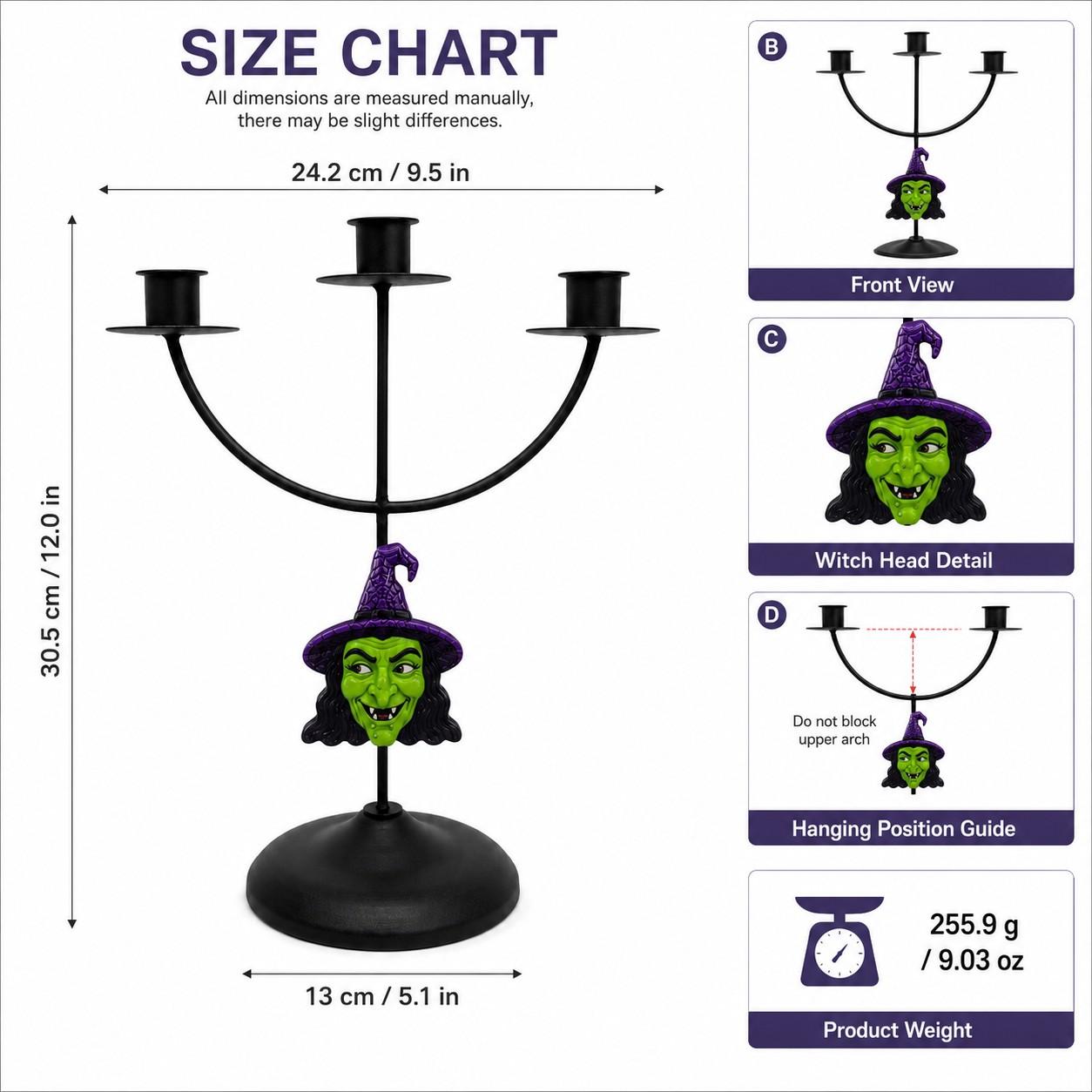 1 Piece Halloween Gothic Witch Face Iron Three Arm Candle Holder for Adults Families Table Mantel Entryway Party Decor Stable Base Black Vintage Style Fits Taper Candles for Holiday and Everyday Home Display