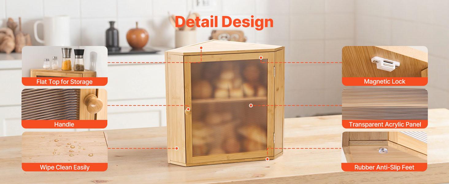 VEVOR Corner Bread Box for Kitchen Counter, Double Layer Large Capacity Bamboo Bread Storage Container, Farmhouse Wooden Breadbox for Homemade Bread, Storage Holder Bin with Acrylic Wavy Door, Natural