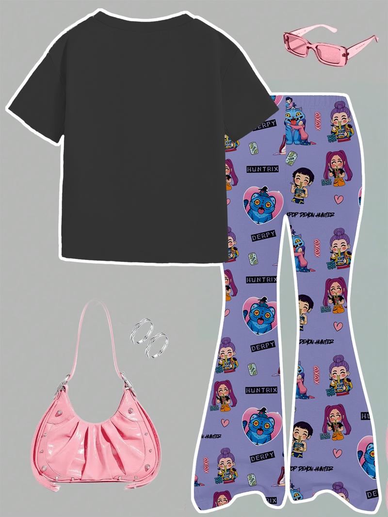 K-Pop Demon Hunters Girl Set, Y2K Sweet Cool Kpop Style, Short Sleeve T-Shirt & Derpy Huntrix Cartoon Pants