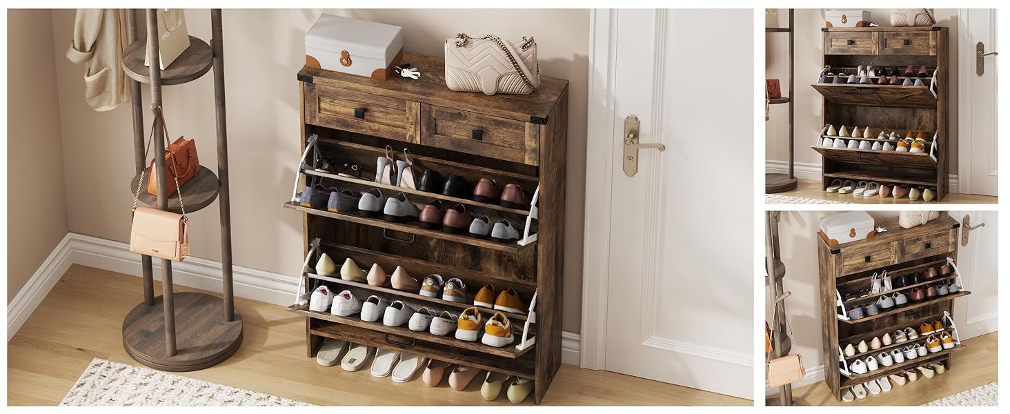 Vabches Shoe Storage Cabinet with 2 Flip Drawers & 2 Drawers,Shoe Cabinet Storage with Legs for Entryway,Freestanding Shoes Organizer Cabinet,Farmhouse Slim Shoe Cabinet