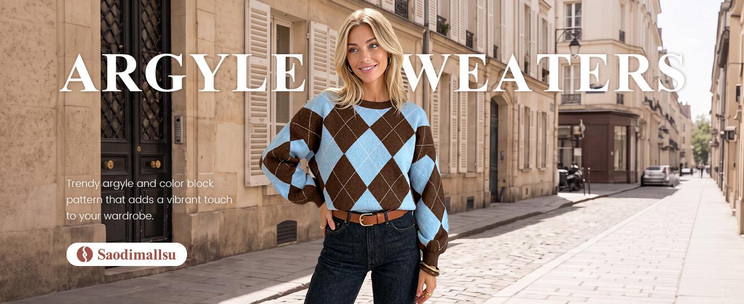 Saodimallsu Womens Checkered Argyle Sweater Color Block Crew Neck Long Sleeve Loose Preppy Knit Pullover Tops