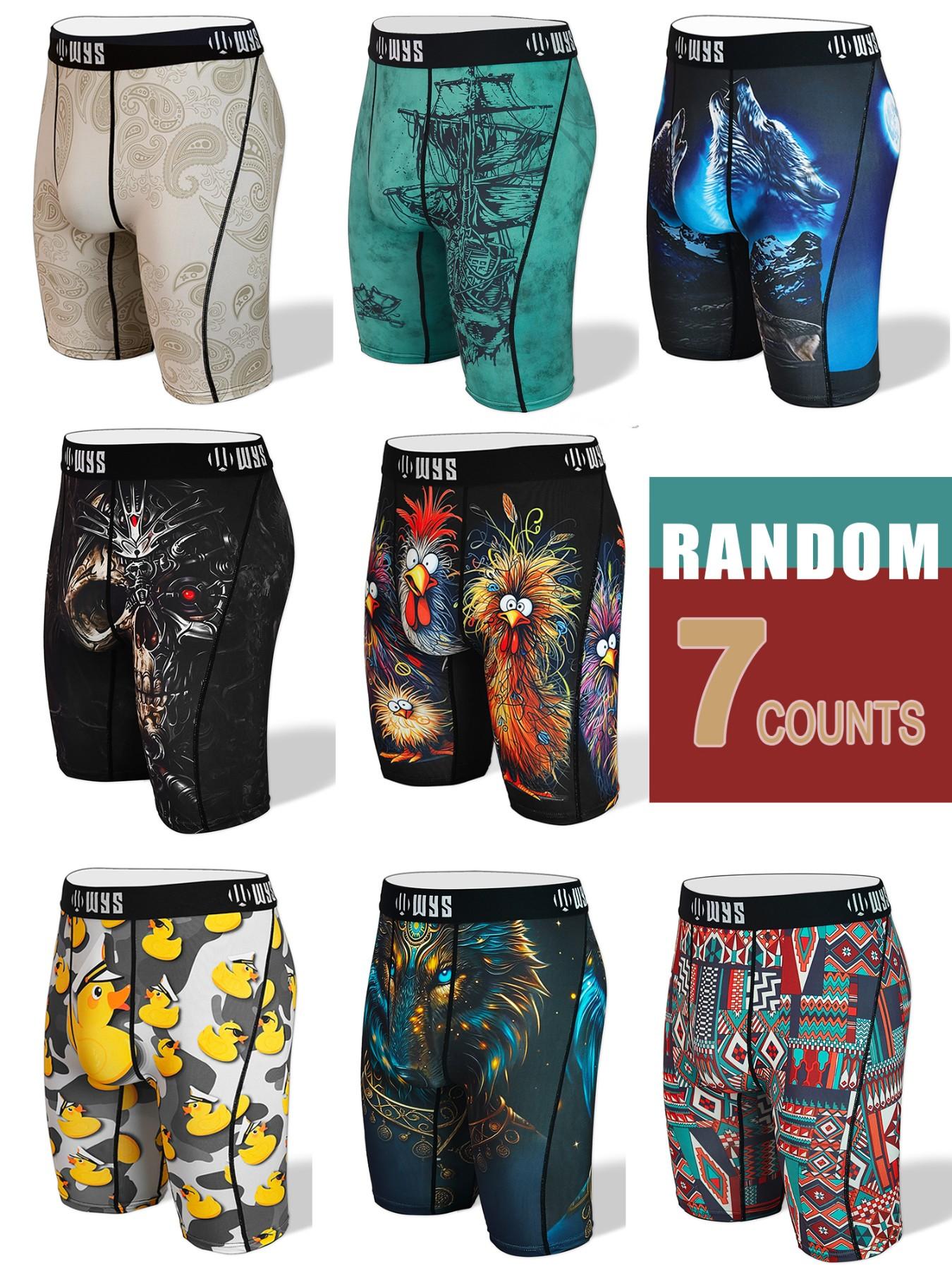 RANDOM-7PCS,Men's 7-Pack Long Brief Underwear, Boxer Briefs, Moisture-Wicking, Anti-Chafing, Quick-Dry, Sporty, Halloween Prints, Comfortable, All Seasons