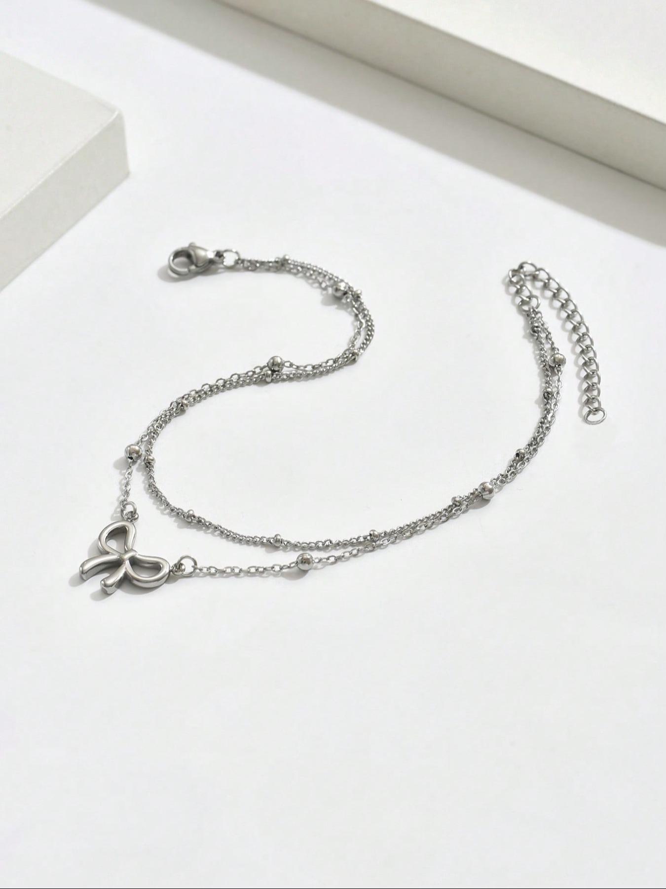 Fashion Double Layer Bow Design Anklet, Boho Anklet, Stainless Steel Foot Jewelry for Women & Girls, Elegant All-match for Daily Wear
