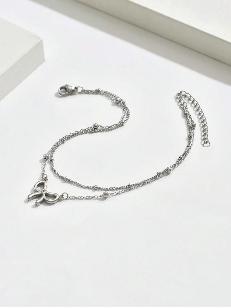 Fashion Double Layer Bow Design Anklet, Boho Anklet, Stainless Steel Foot Jewelry for Women & Girls, Elegant All-match for Daily Wear