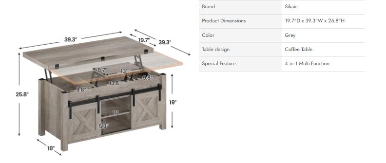 Sikaic 4 In 1 Multi-Function Lift Top Coffee Tables Converts To Dining Table Wood Tabletop Tabletop Design