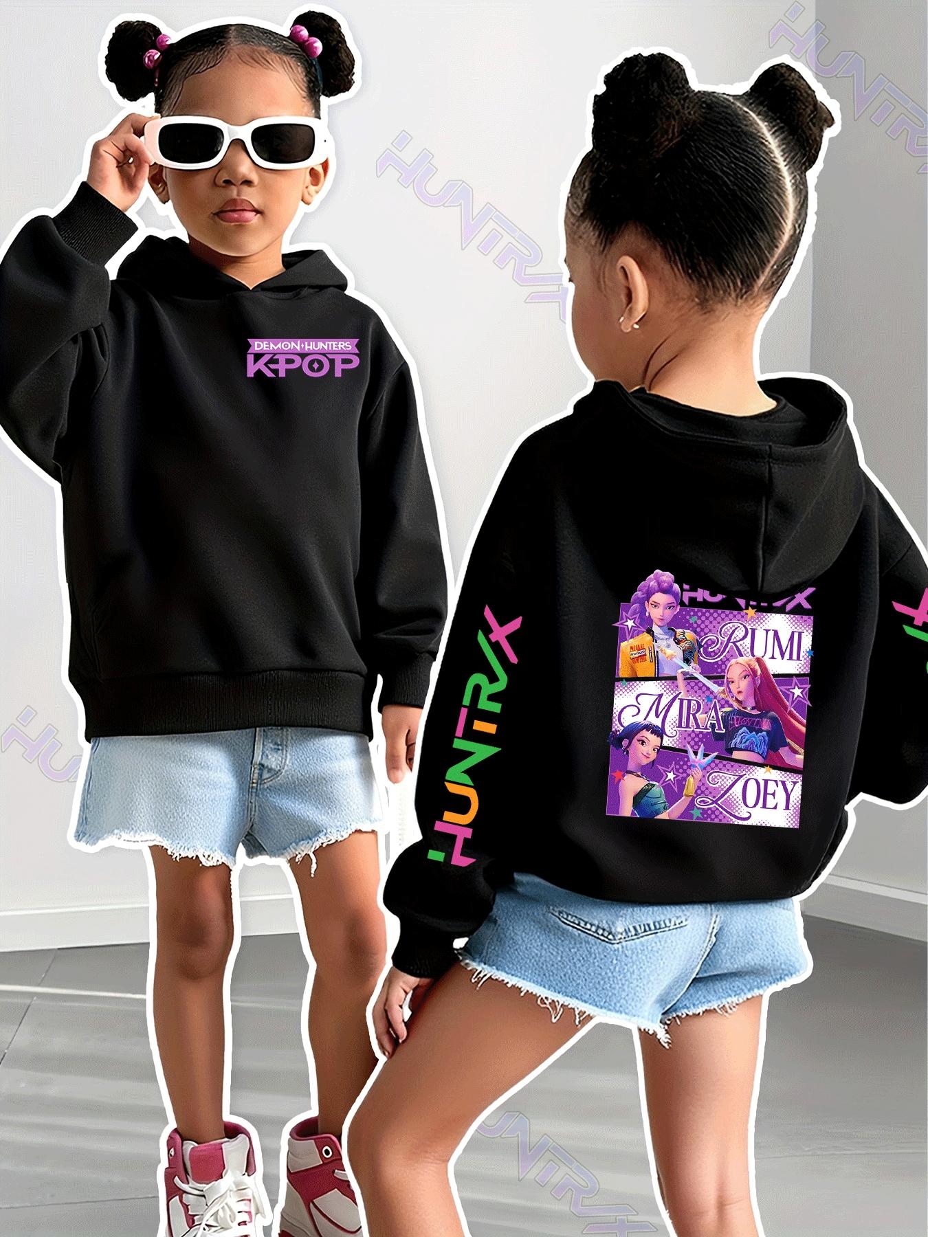Girls Kpop Demon Hunters Korean Fashion Graphic Casual Hoodie, Spring & Fall Comfortable Sweatshirt, Creative Anime Print, Christmas Gift, Daily Wear