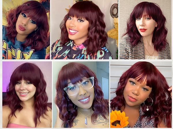 [ AISI HAIR ] Curly Bob Wig with Bangs Short Wavy Wine Red Color Wigs for Women Bob Style Synthetic Heat Resistant Bob Wigs