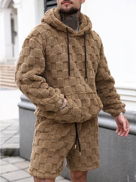 Men's Casual Two-Piece Set, Long Sleeve Hooded Sweatshirt & Shorts, Fashionable Plaid Texture Fabric, All Seasons Wear