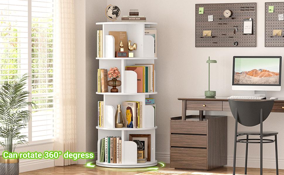 Rotating Bookshelf Tower, 360 Display 4-Tier Wood Floor Bookcase Storage Rack for Kids&Adult, Spinning Book Shelf Revolving Bookcase for Bedroom, Corner Bookshelf for Small Space, Living Room, Study Room Organiser Wooden