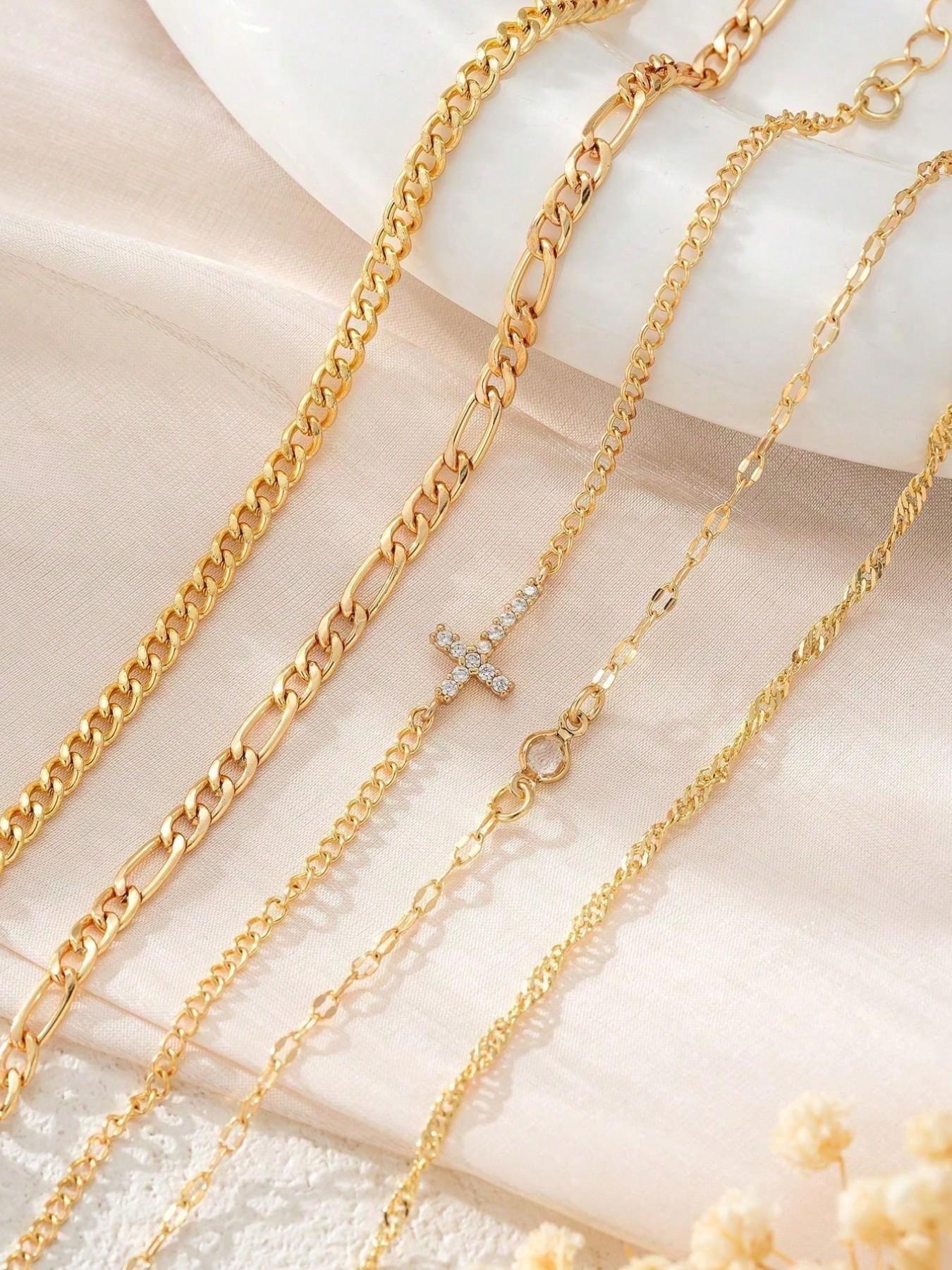 5-Piece Rhinestone Cross Cuban Chain Bracelet Set, Unique Women's Vacation Daily Jewelry, Stylish Handmade Accessories