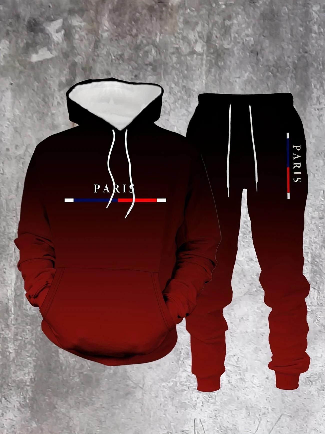 Autumn and Winter Black and Red Gradual Color Change 2024 Hot Selling Men's Street Fashion Hoodie Set