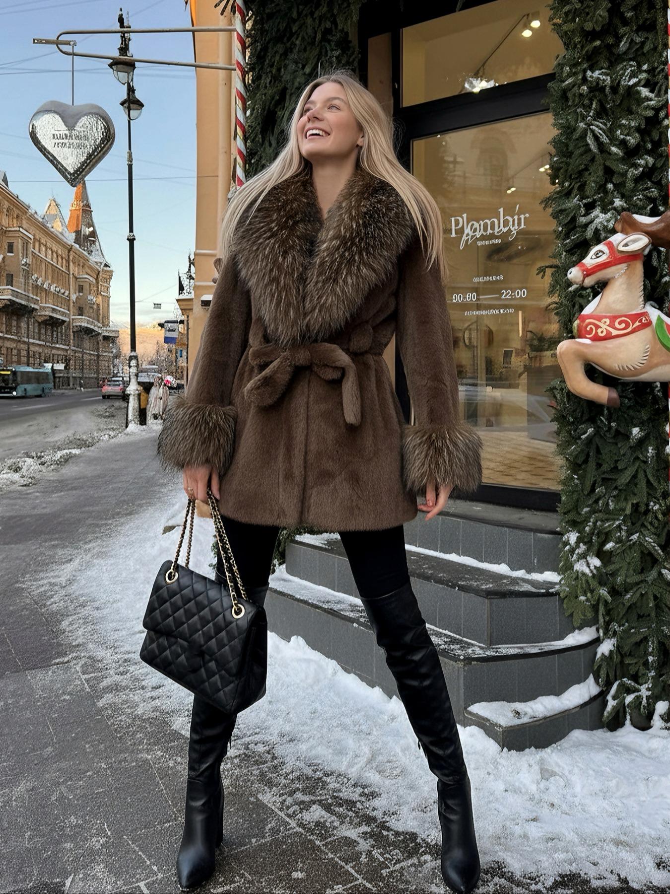 Women's Winter Fashion Faux Fur Coat, Vintage Loose Fit Long Sleeve Jacket, Large Fur Collar, Daily Wear Outerwear