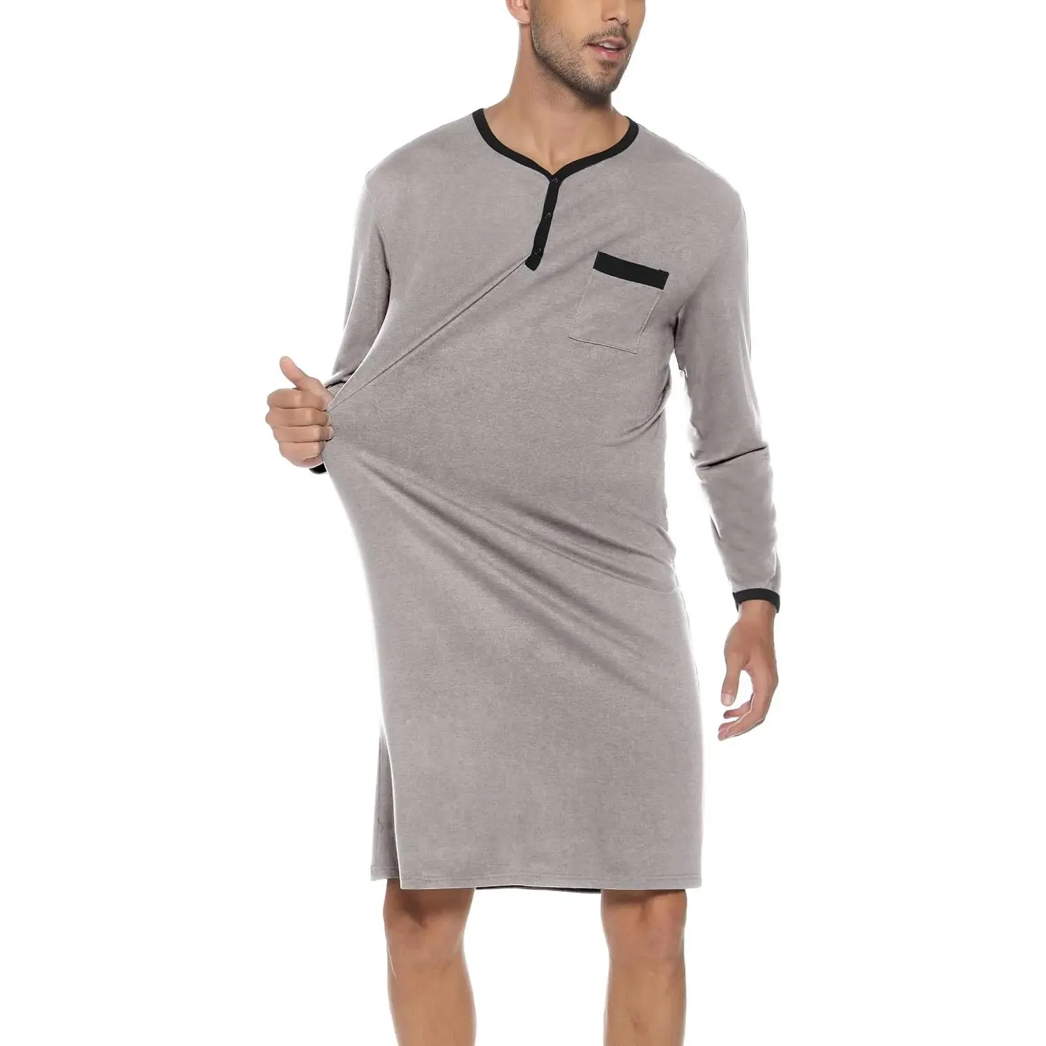 Men Long Sleeve Nightshirt Knee Length Nightgown Cotton Sleep Shirt Lounge Wear With Chest Pocket