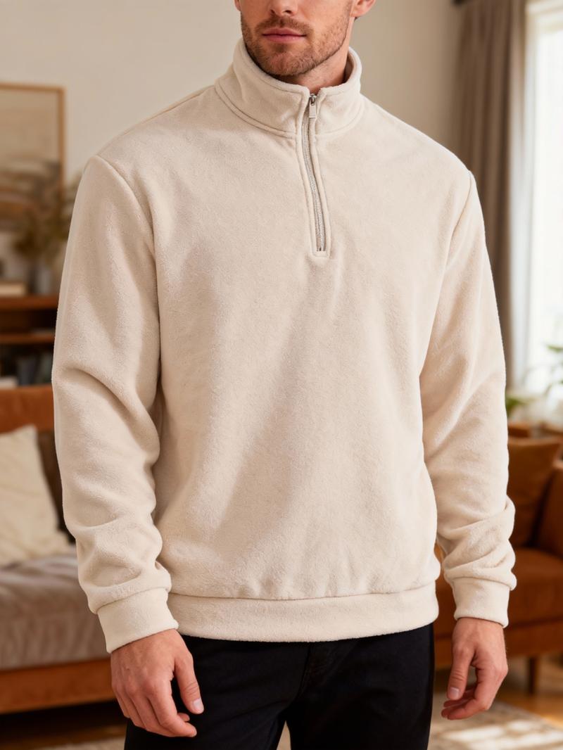 Men's Fall Winter Outfits Plain Polar Fleece Stand Collar Half Zip Pullover Long Sleeve Sweatshirt for Daliy Wear, Old Money Style Casual Versatile Essential Wardrobe Item.