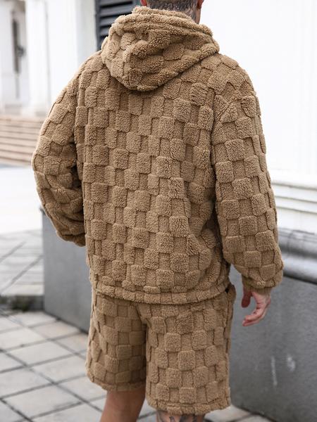 Men's Casual Two-Piece Set, Long Sleeve Hooded Sweatshirt & Shorts, Fashionable Plaid Texture Fabric, All Seasons Wear