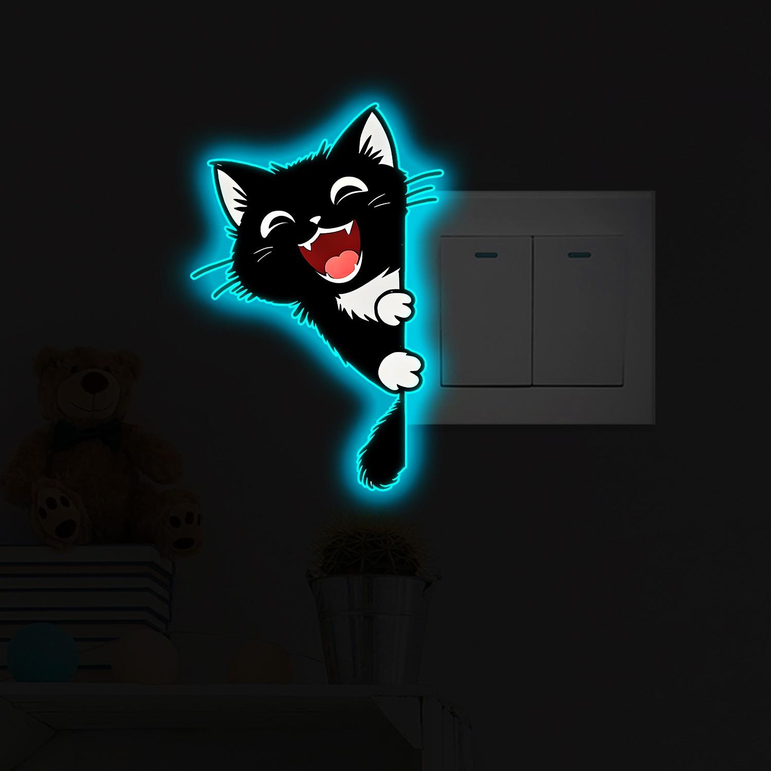 2 Pack Glow-In-The-Dark Cat Switch Wall Sticker, Luminous Waterproof Kitty Pattern Decals, Fun Decor for Bedroom & Living Room