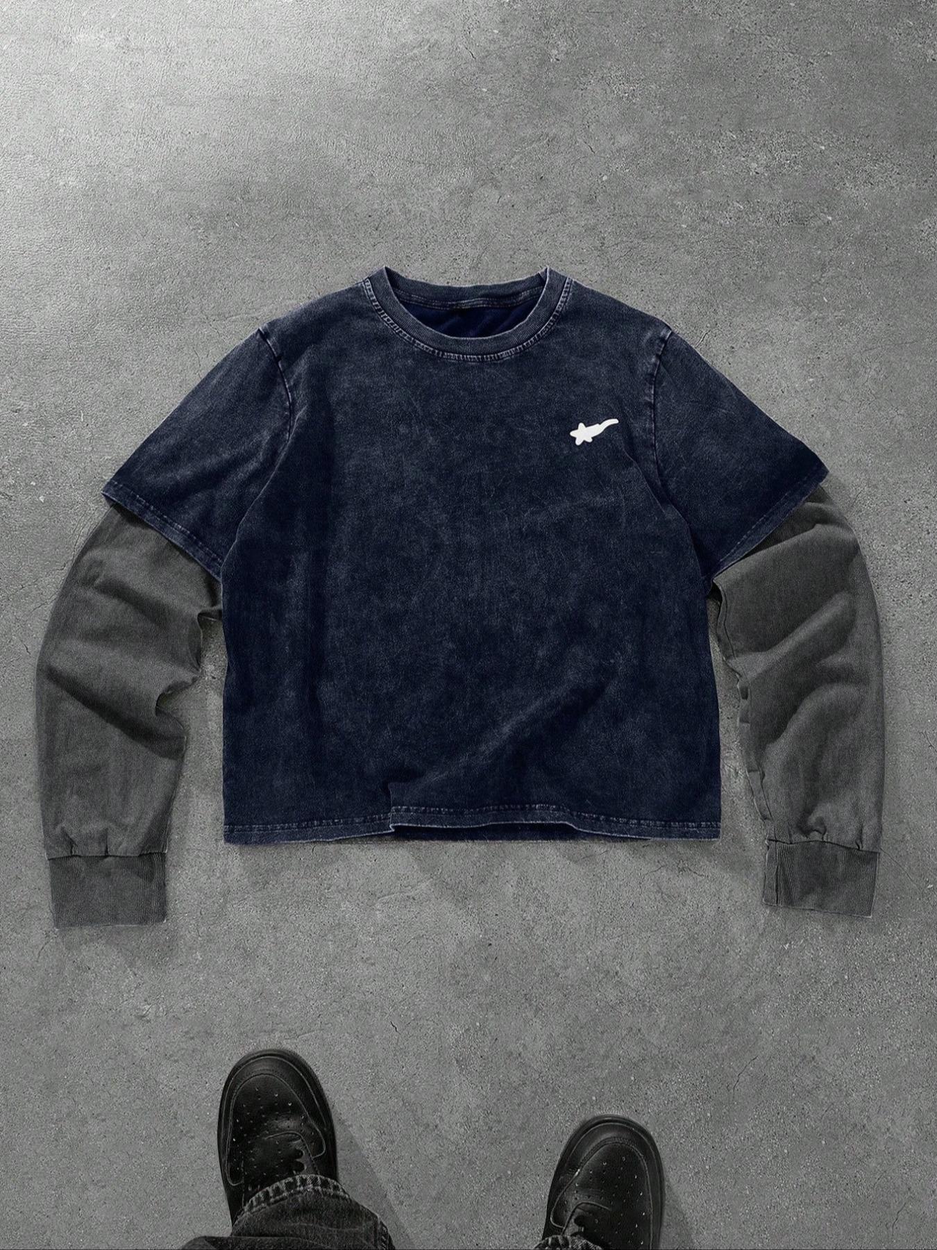 Men's Washed Cotton Mock Two-Piece Round Neck Long Sleeve Fitted Tee, with Star Print Design, a Casual and Trendy All-season Wardrobe Essential