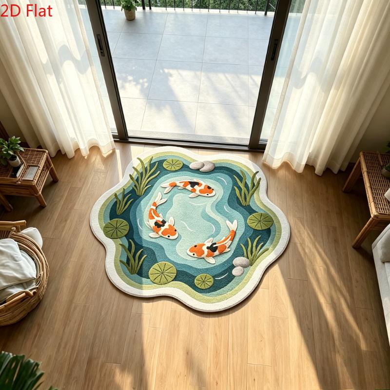 Koi & Lotus Pond Pattern Plush Area Rug, Home Decor Rugs, Decorative Rug, Special-Shaped Non-Slip Washable Floor Mat for Bedside, Sofa and Coffee Table, Bedroom Rugs