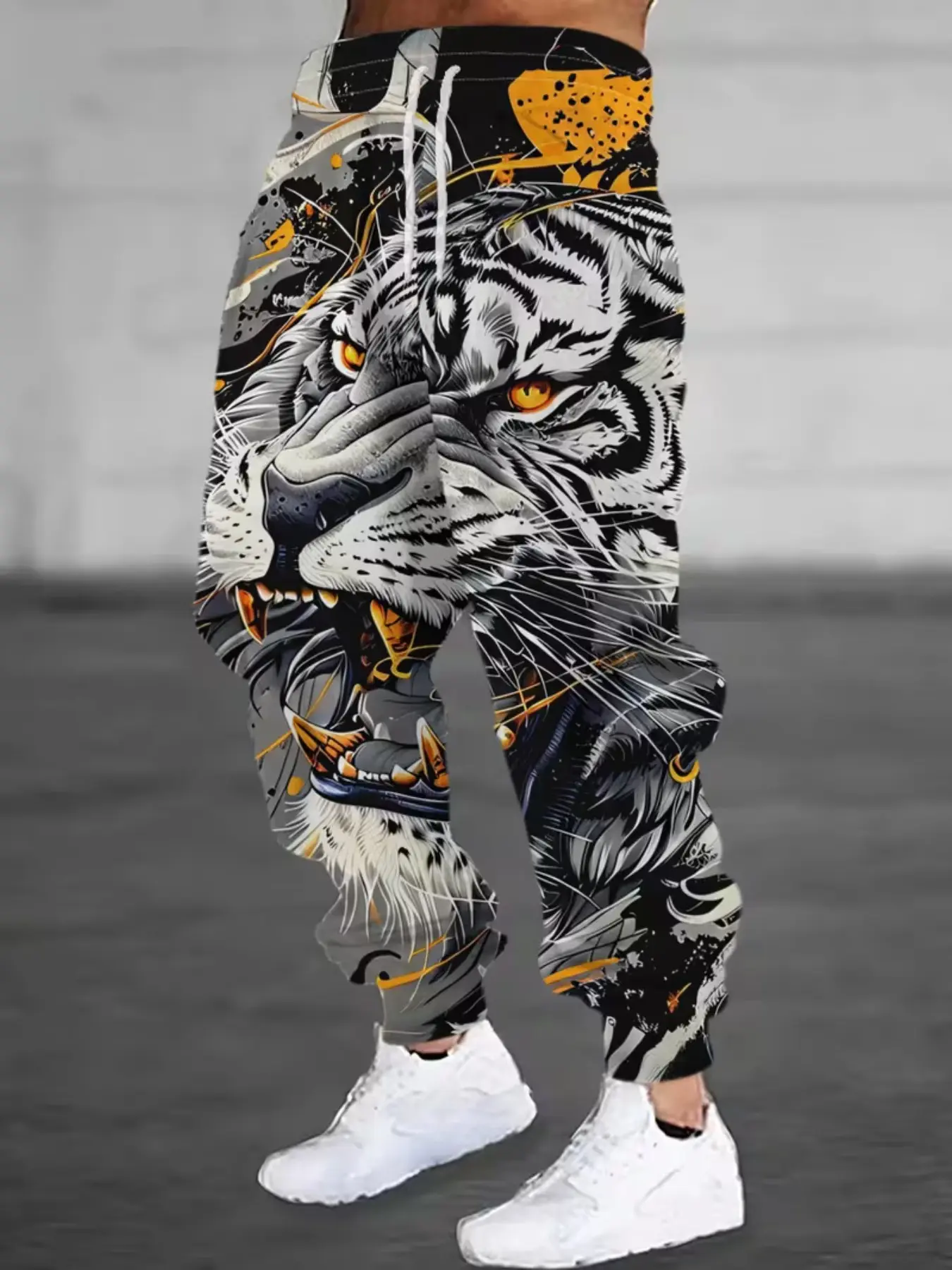 Men's Digital Print Sweatpants, Tiger Flame Design, Casual Fitness Joggers, Breathable Material, All Seasons