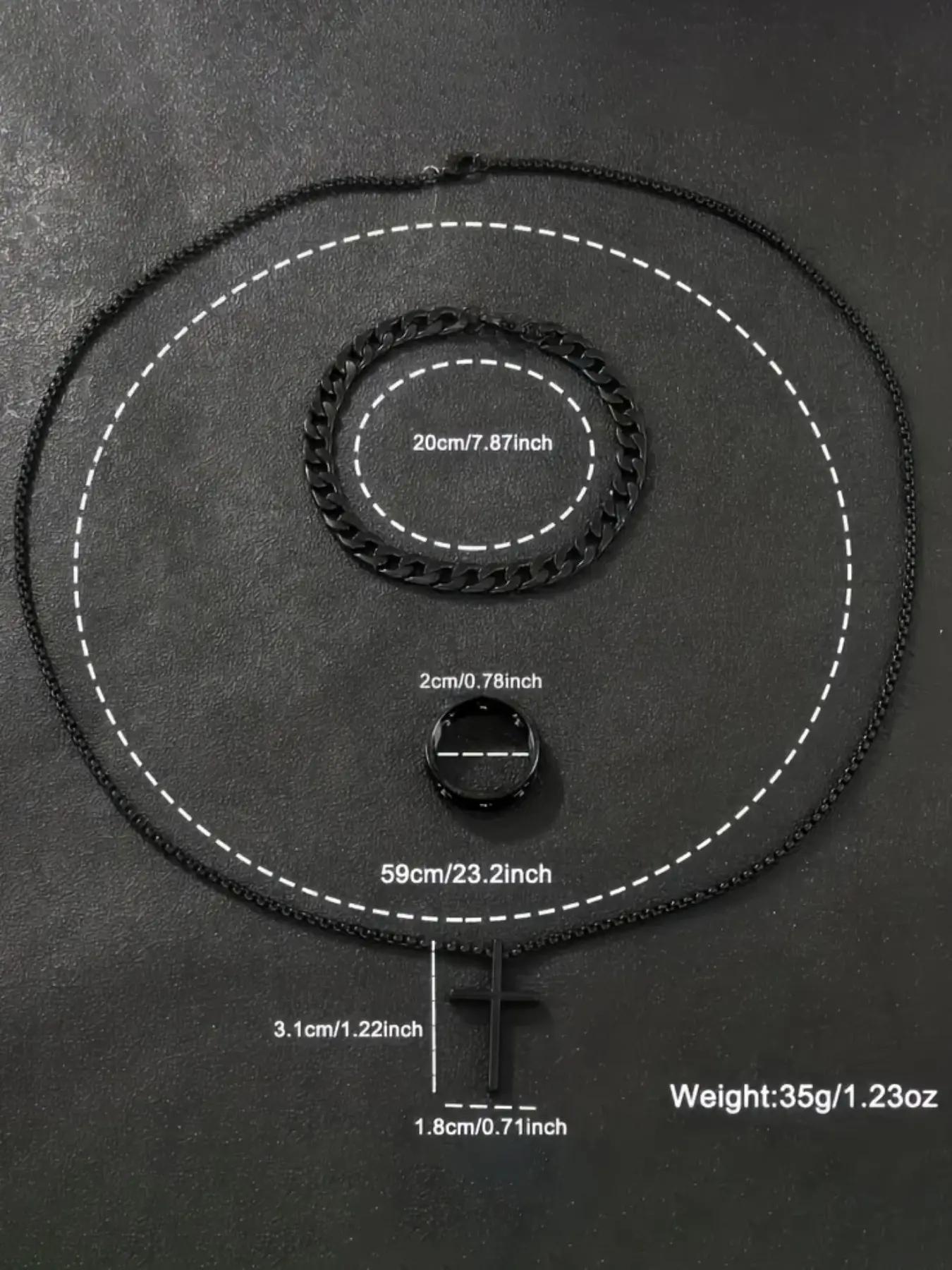 4-piece men's fashionable and casual high-quality quartz watch set+cross jewelry chain ring bracelet necklace