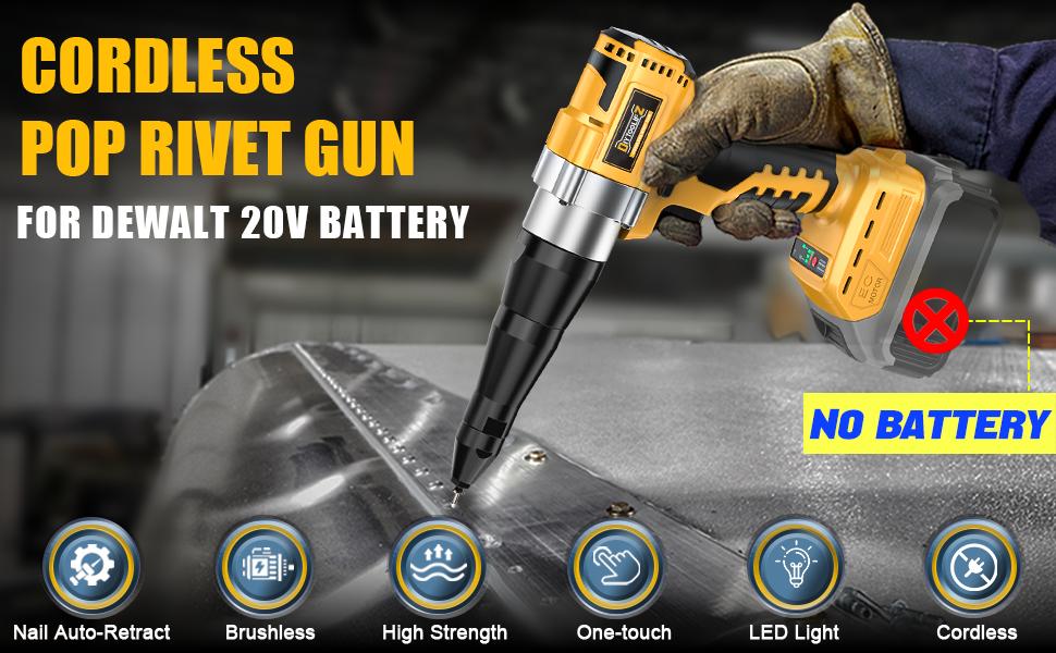 Cordless Electric Rivet Gun Compatible with Dewalt 20V Battery (NO Battery!!), Stainless Rivets: 3 Sizes(1/8",5/32",3/16") & Nose Pieces, LED Light,Rivet Nut Tool