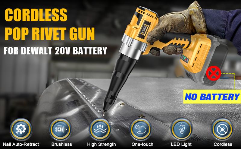 Cordless Electric Rivet Gun Compatible with Dewalt 20V Battery (NO Battery!!), Stainless Rivets: 3 Sizes(1/8",5/32",3/16") & Nose Pieces, LED Light,Rivet Nut Tool
