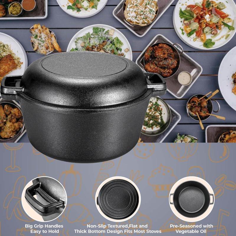 Cast Iron Dutch Oven Pot with Lid, Pot (5.1/6.7QT) And Lid As A Skillet (1.9/2.5QT) - Dutch Oven Cast Iron with Silicone Holders, Iron Stand, for Oven, Stove, Grill, Campfire, Mother's Day And Father's Day Gifts, Thanksgiving Day And Christmas Gifts