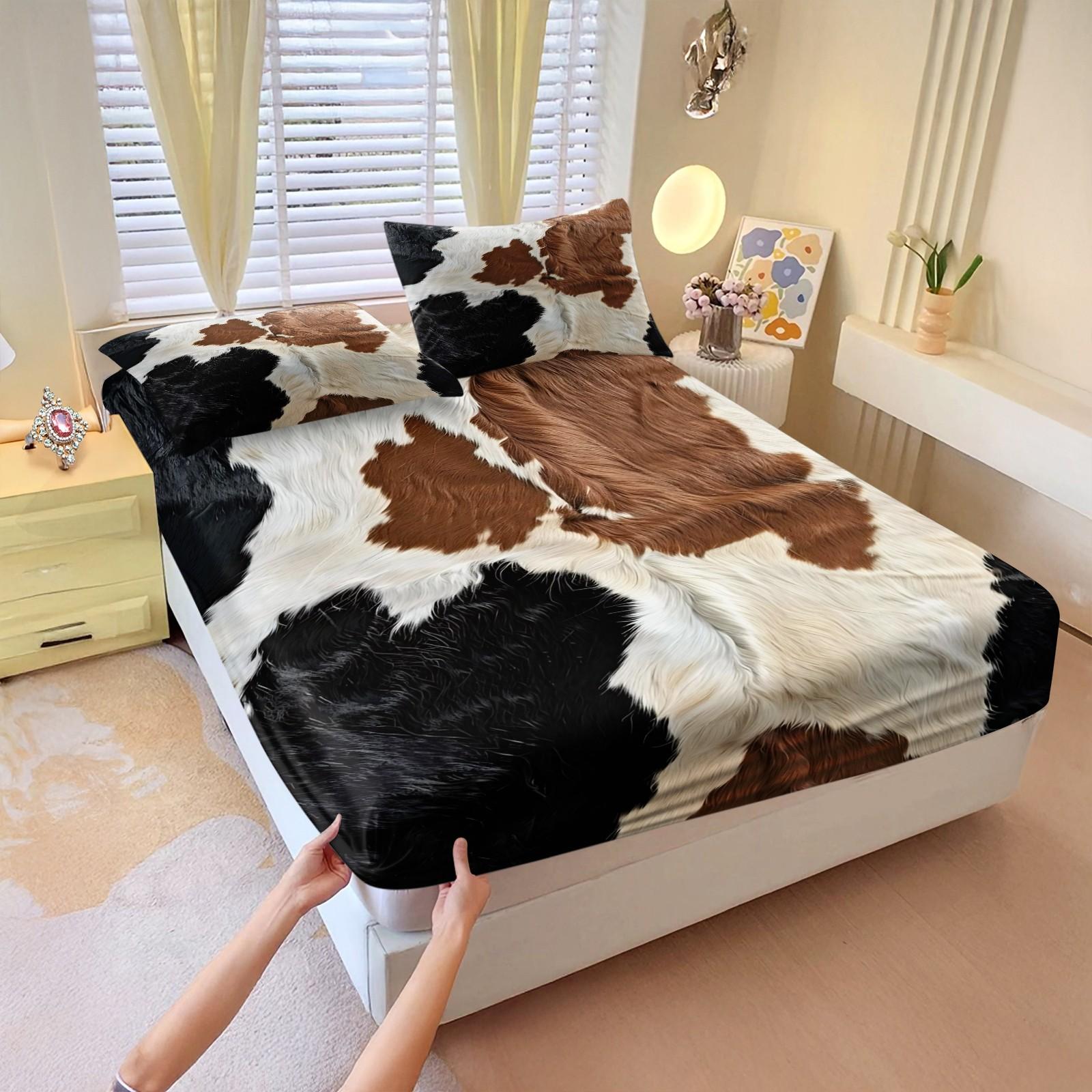 3Pcs Cowhide Inspired Fitted Sheet Set, Decorative Bedsheet Sets, Black, White, and Brown Pattern Bedding Set, Soft and Curly Texture, Stylish Bedding for a Natural Home Decor, Perfect for Rustic and Chic Bedroom Makeover,Includes 2 pillowcases