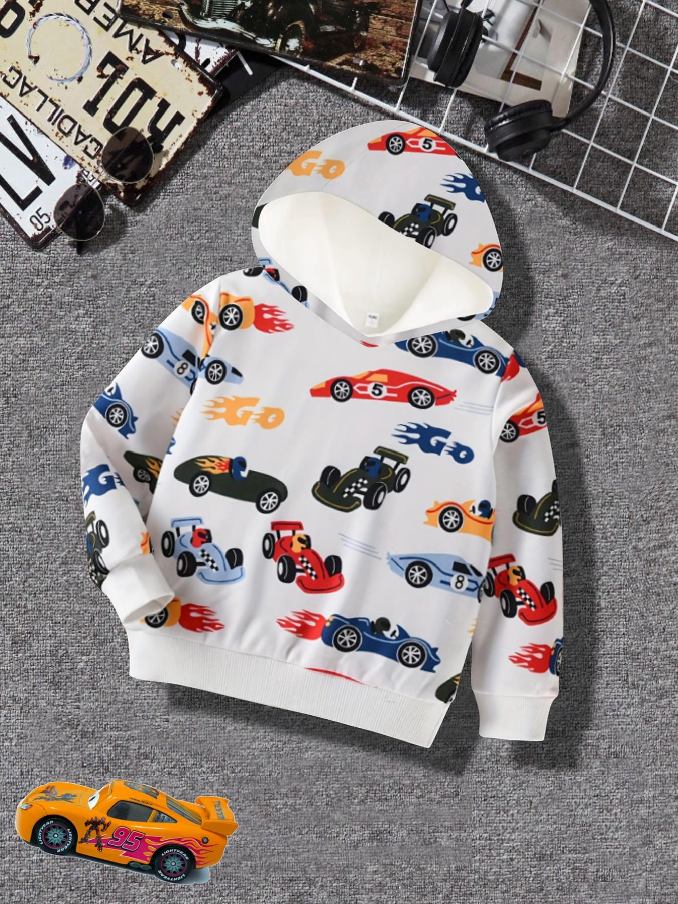 Boys' Round Neck Sporty Sweatshirt T-Shirt, Casual Spring Fall Design, Car Pattern Print, Perfect for Daily Wear, Kids Fashion Apparel