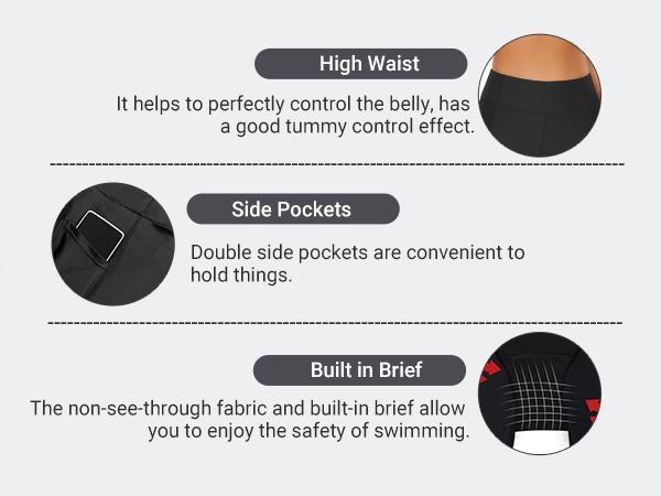 Holipick Women Tummy Control Swim Shorts High Waisted Biker Shorts with Pockets Swimming Shorts Boy Short Swim Bottoms