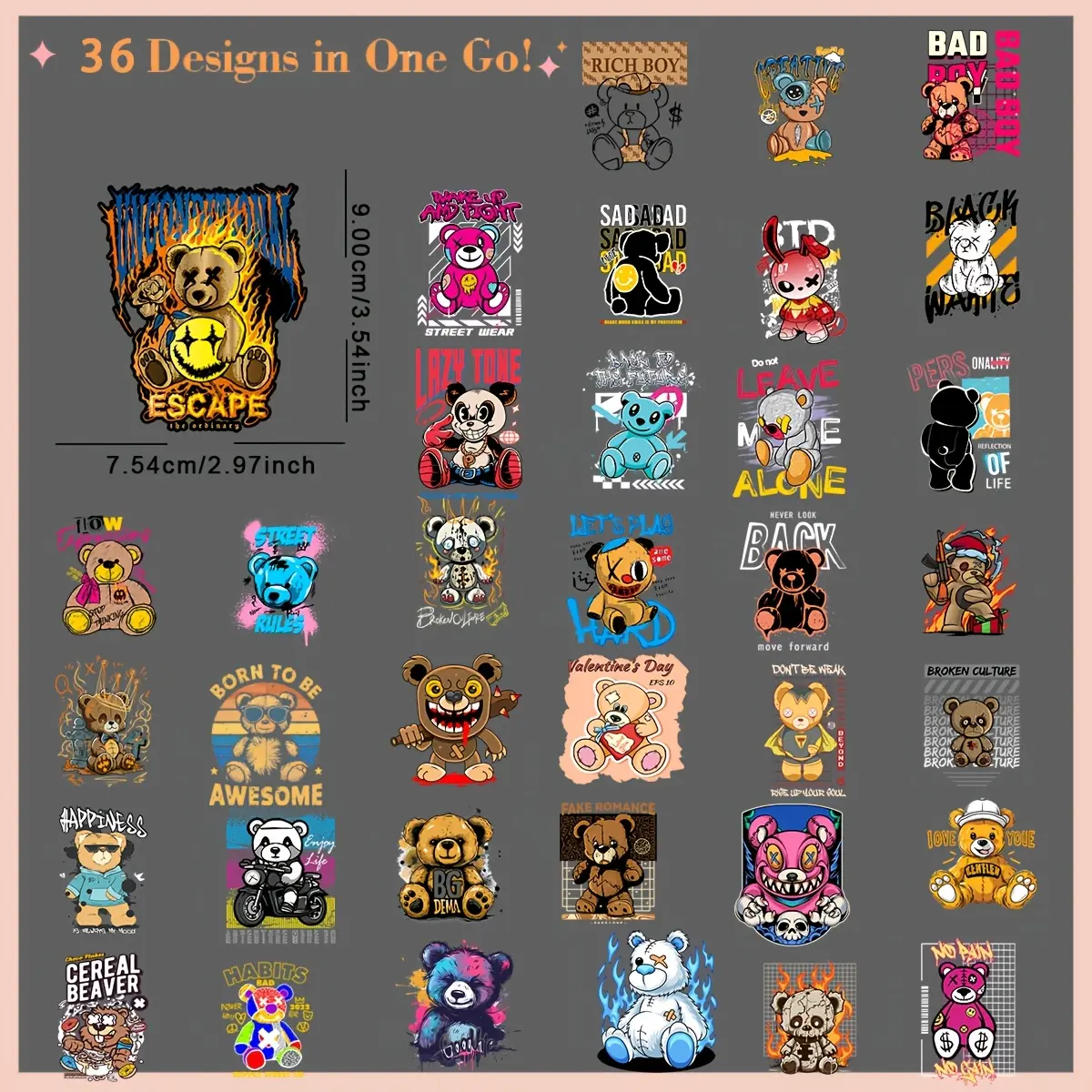 36pcs Durable Washable DIY Heat Transfer Stickers, Cute Bear Series, for Clothing Pants T-Shirts Sports Wear Hats Bags Pillows Backpacks Art Handmade Crafts, DIY Craft Decor, DIY Products