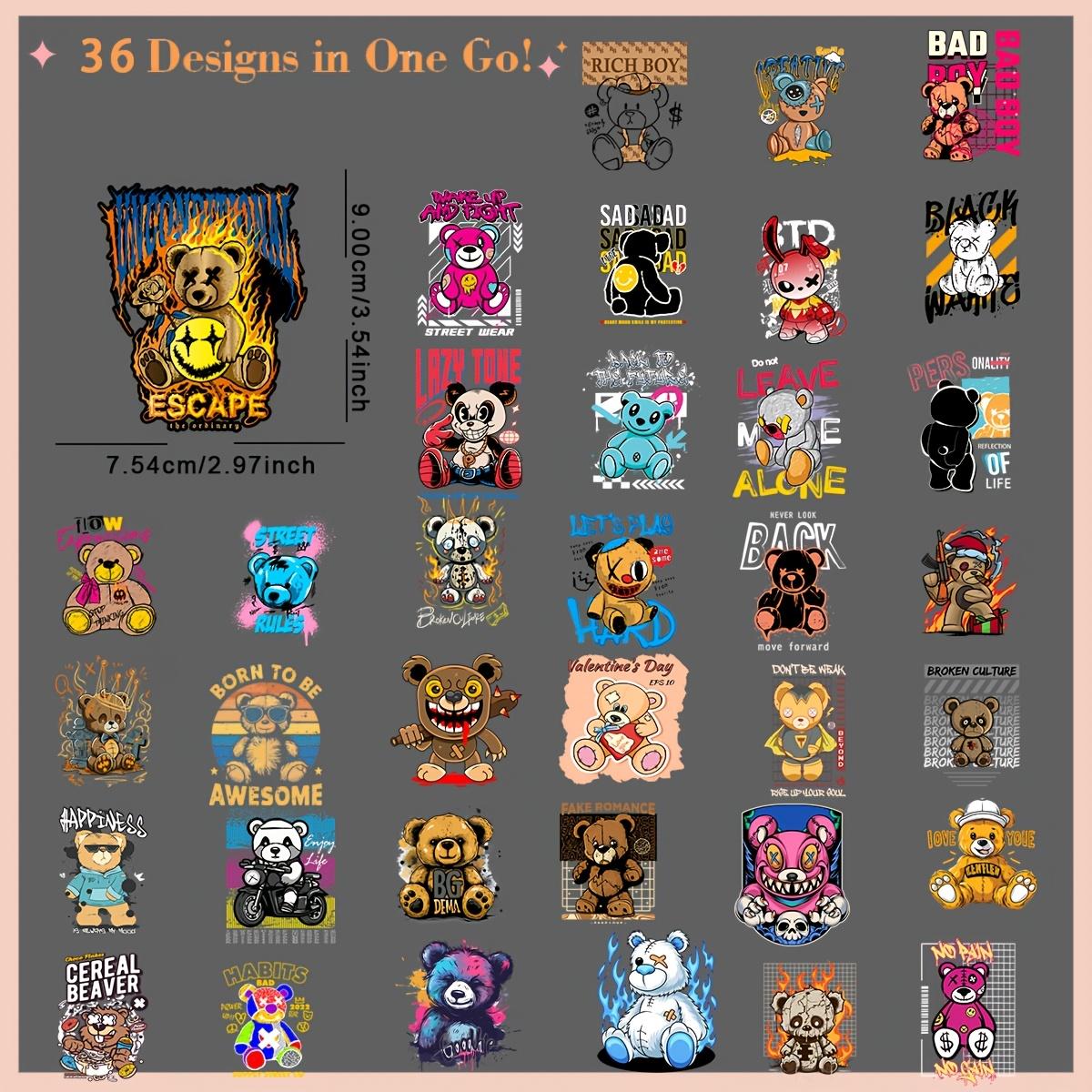 36pcs Durable Washable DIY Heat Transfer Stickers, Cute Bear Series, for Clothing Pants T-Shirts Sports Wear Hats Bags Pillows Backpacks Art Handmade Crafts, DIY Craft Decor, DIY Products