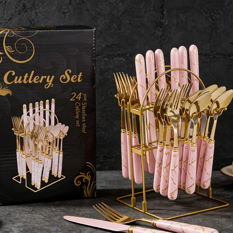 24 Piece Thickened Marble Pattern Stainless Steel Cutlery Set with Gift Box Storage Rack Western Steak Knife Fork Spoon for Kitchen Dining